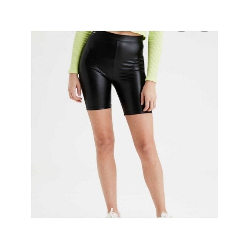 NWT AMERICAN Eagle Black Highest Rise Faux Leather Biker Shorts